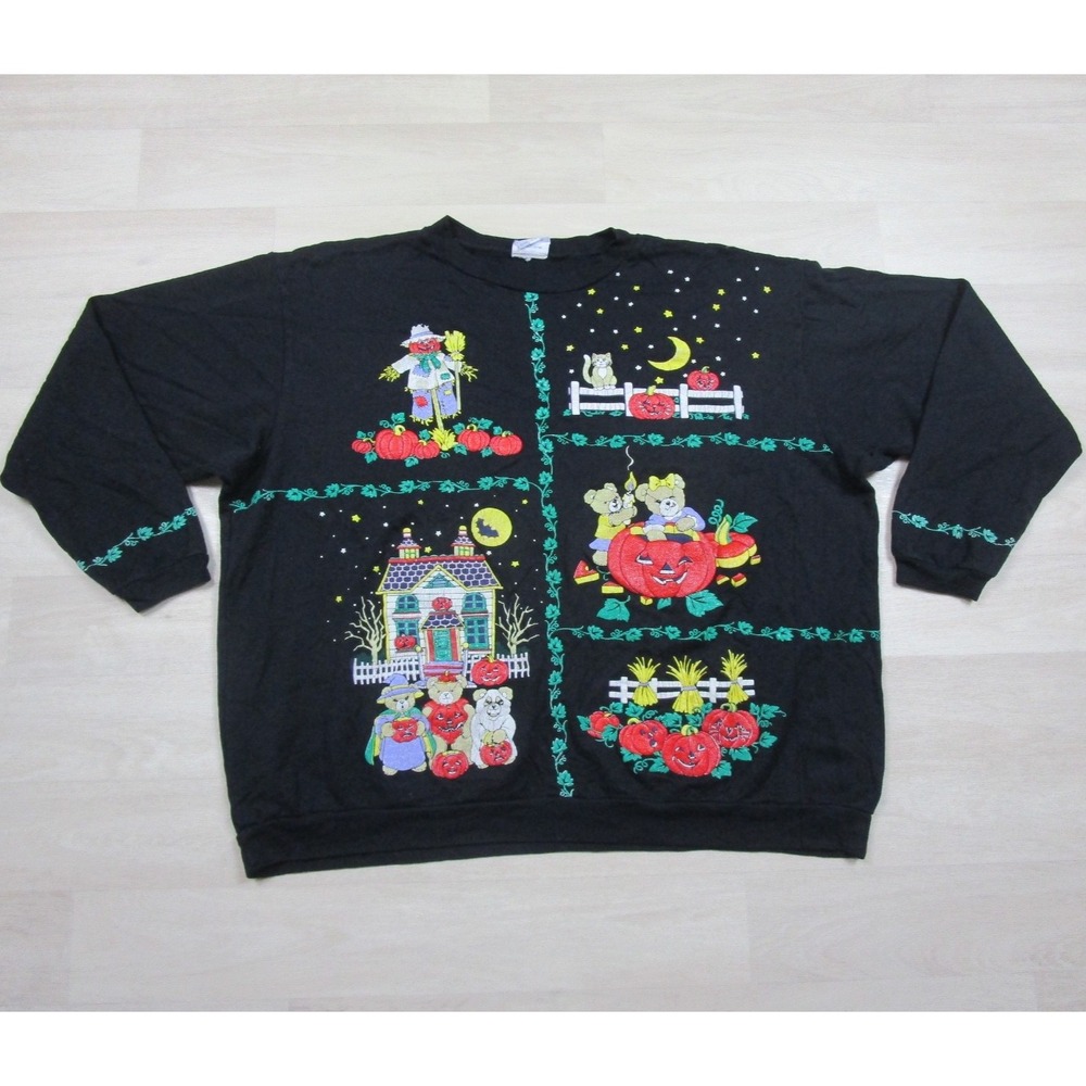 Vintage 90s Halloween Crewneck Sweatshirt Womens (XL) Puff Print Pumpkin Fall